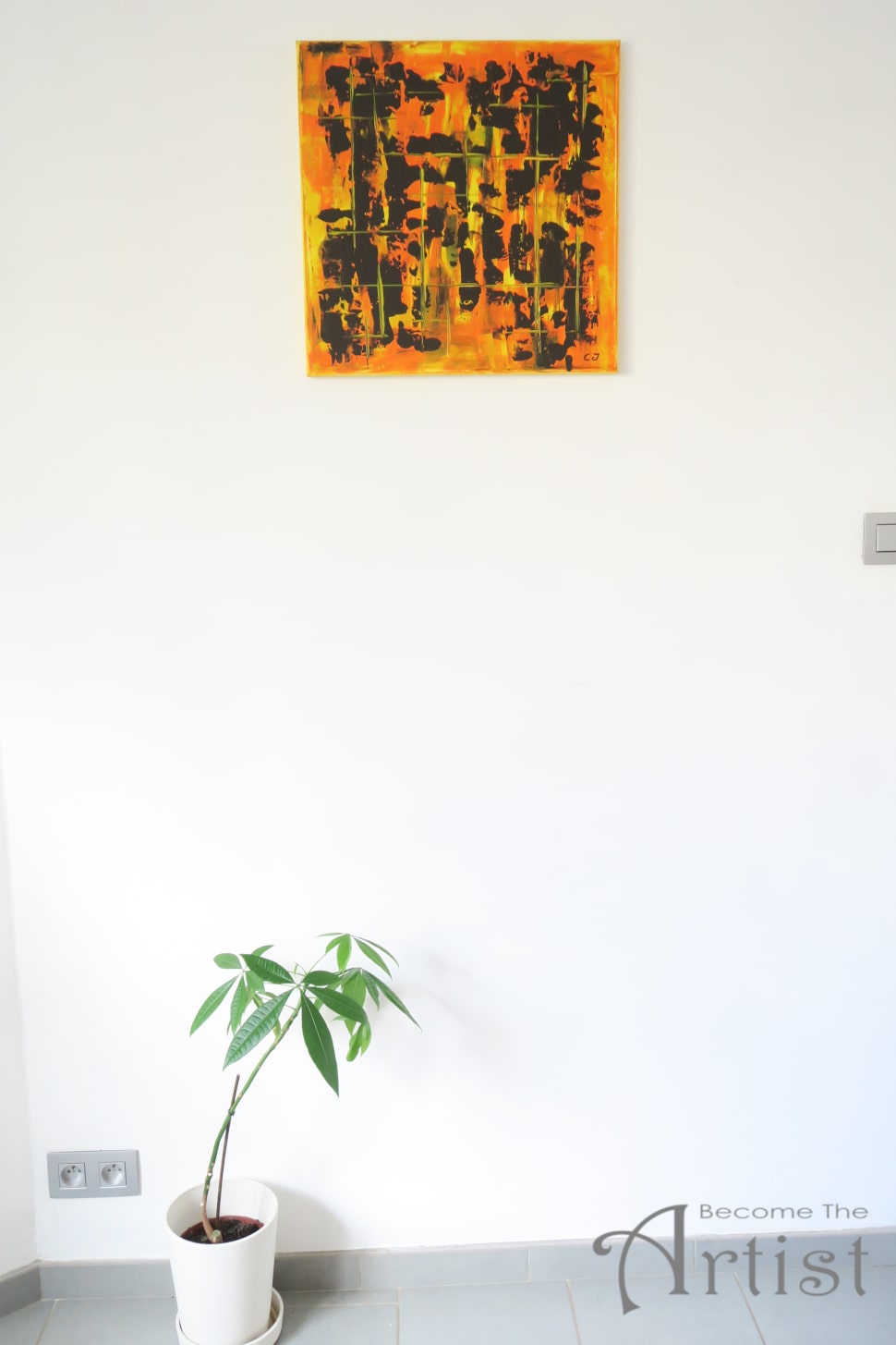 tuto debutants toile acrylique tricolore jaune orange marron sur mur blanc