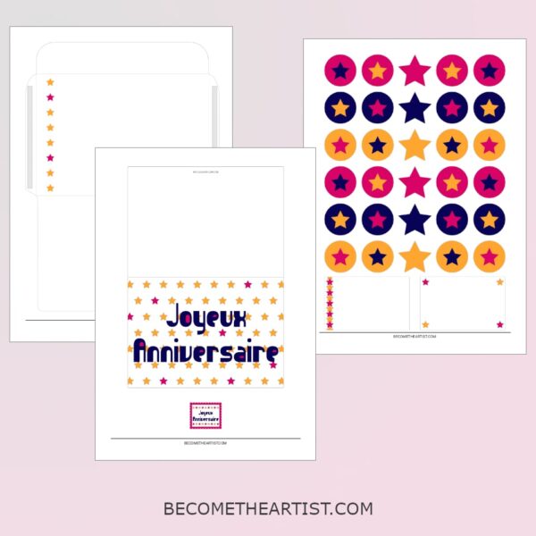 Kit carte d'anniversaire - motif étoiles - 3 couleurs - printable