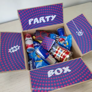 party box boite cadeau surprise bleu et rouge fuchsia